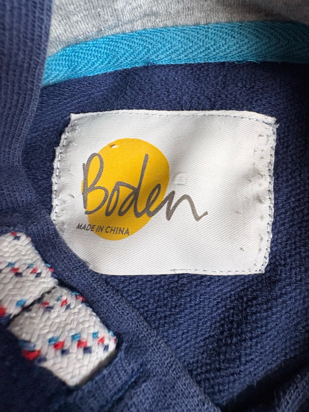 Boden Navy Hooded Sweatshirt with Multi-Color Stripe Sleeves - Picture 3 of 5